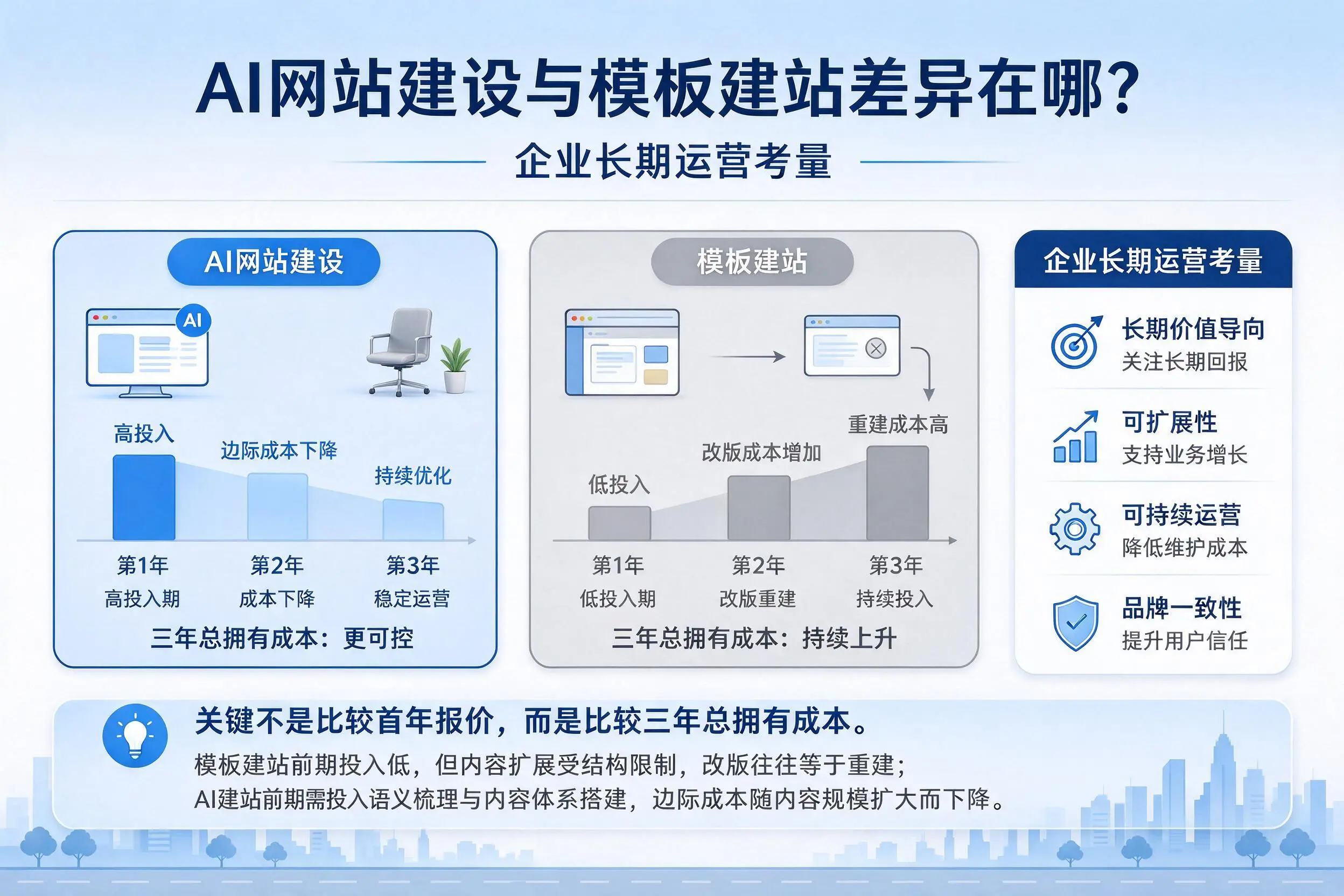 AI网站建设与模板建站差异在哪?辽宁企业长期运营考量